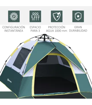 Tienda Camping Plegable con 1 Puerta 3 Ventanas Bolsa de Transporte y Apertura Automática 205x195x135 cm Verde