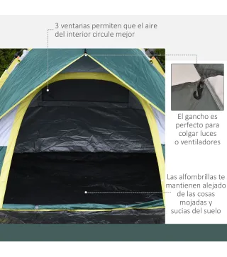 Tienda Camping Plegable con 1 Puerta 3 Ventanas Bolsa de Transporte y Apertura Automática 205x195x135 cm Verde