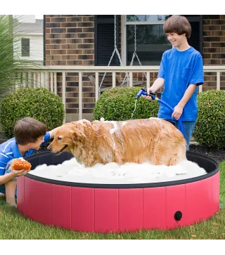 Piscina Plegable para Perros Gatos Ø140x30 cm Bañera Portátil para Mascotas PVC Antideslizante Múltiples Usos Color Rojo