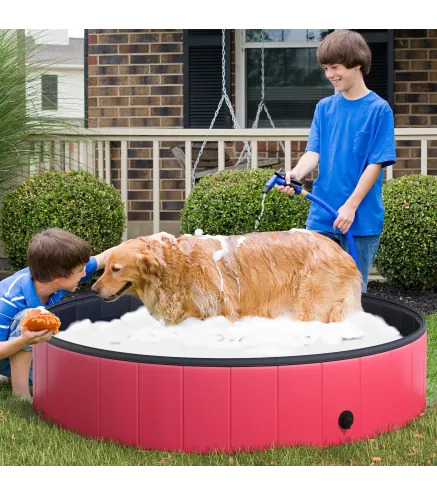 Piscina Plegable para Perros Gatos Ø140x30 cm Bañera Portátil para Mascotas PVC Antideslizante Múltiples Usos Color Rojo