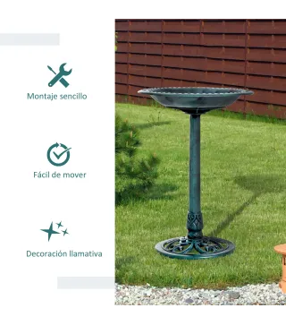 Baño para Pájaros de Jardín Exterior con Diseño de Flor y Acabado Envejecido Ligero y Resistente Verde
