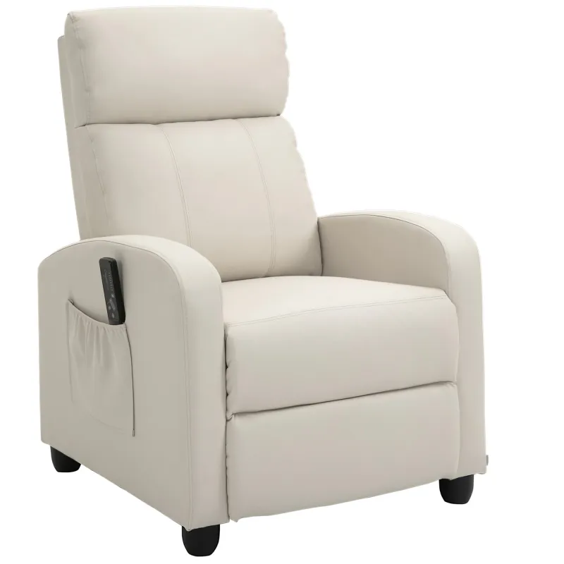Sillón de Masaje Reclinable con Mando a Distancia Bolsillo Lateral y Temporizador Tapizado en PU 68x88x98 cm Crema Sillón de Masaje Reclinable con Mando a Distancia Bolsillo Lateral y Temporizador Tapizado en PU 68x88x98 cm Crema
