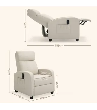 Sillón de Masaje Reclinable con Mando a Distancia Bolsillo Lateral y Temporizador Tapizado en PU 68x88x98 cm Crema