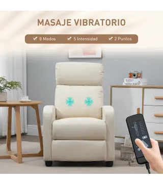Sillón de Masaje Reclinable con Mando a Distancia Bolsillo Lateral y Temporizador Tapizado en PU 68x88x98 cm Crema