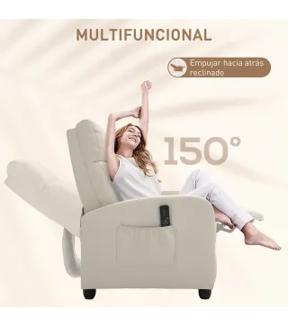 Sillón de Masaje Reclinable con Mando a Distancia Bolsillo Lateral y Temporizador Tapizado en PU 68x88x98 cm Crema