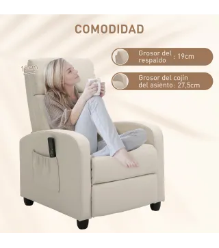 Sillón de Masaje Reclinable con Mando a Distancia Bolsillo Lateral y Temporizador Tapizado en PU 68x88x98 cm Crema