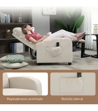 Sillón de Masaje Reclinable con Mando a Distancia Bolsillo Lateral y Temporizador Tapizado en PU 68x88x98 cm Crema