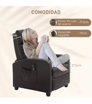 Sillón de Masaje Reclinable con Mando a Distancia Bolsillo Lateral y Temporizador Tapizado en PU 68x88x98 cm Marrón
