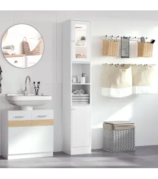 Armario Alto para Baño con Espejo Mueble Columna de Baño Madera con 2 Estantes Abiertos 2 Puertas y Baldas Interiores Aj