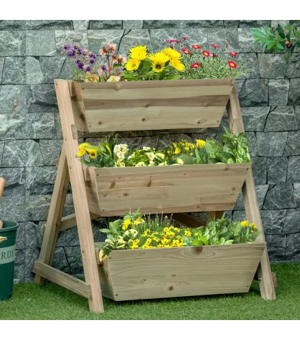 Jardinera de Escalera de 3 Niveles Maceteros de Madera Jardinera Vertical con Tela no Tejida y Orificios de Drenaje Huerto Urban