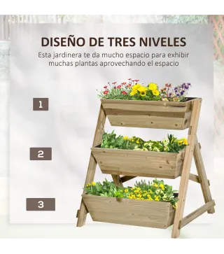 Jardinera de Escalera de 3 Niveles Maceteros de Madera Jardinera Vertical con Tela no Tejida y Orificios de Drenaje Huerto Urban