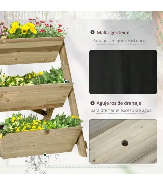 Jardinera de Escalera de 3 Niveles Maceteros de Madera Jardinera Vertical con Tela no Tejida y Orificios de Drenaje Huerto Urban