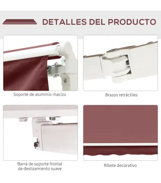 Toldo Retráctil Manual 3,5x2,5 m con Ángulo Ajustable Manivela Estructura de Aluminio y Protección UPF30+ Rojo Vino