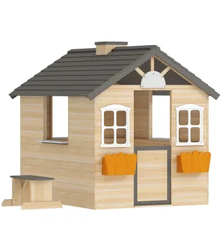 Casita Infantil de Juegos Exterior para Niños de 3 -7 Años con Ventanas 2 Jardineras y 1 Banco 113x94x134,5 cm Natural