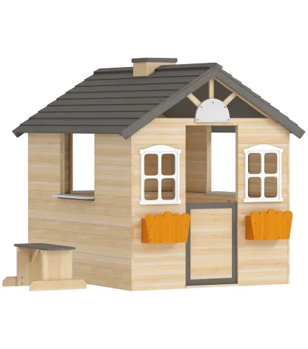 Casita Infantil de Juegos Exterior para Niños de 3 -7 Años con Ventanas 2 Jardineras y 1 Banco 113x94x134,5 cm Natural