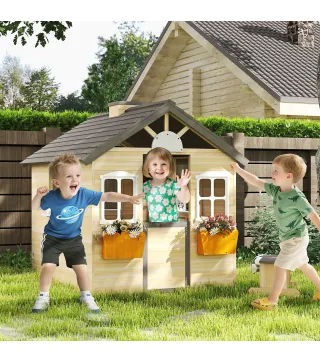 Casita Infantil de Juegos Exterior para Niños de 3 -7 Años con Ventanas 2 Jardineras y 1 Banco 113x94x134,5 cm Natural