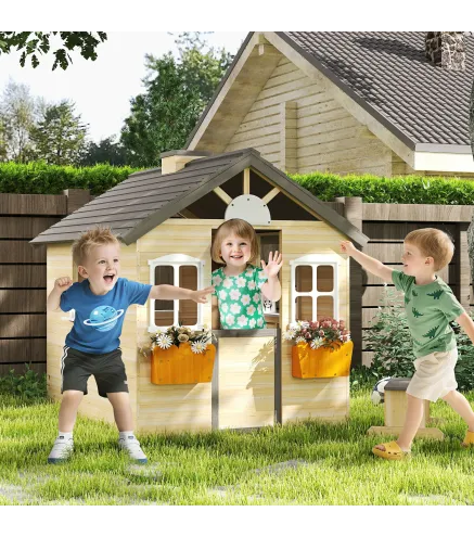 Casita Infantil de Juegos Exterior para Niños de 3 -7 Años con Ventanas 2 Jardineras y 1 Banco 113x94x134,5 cm Natural