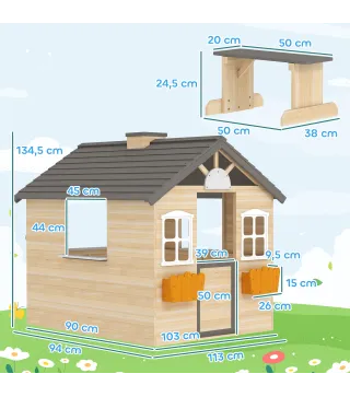 Casita Infantil de Juegos Exterior para Niños de 3 -7 Años con Ventanas 2 Jardineras y 1 Banco 113x94x134,5 cm Natural