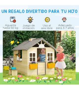 Casita Infantil de Juegos Exterior para Niños de 3 -7 Años con Ventanas 2 Jardineras y 1 Banco 113x94x134,5 cm Natural