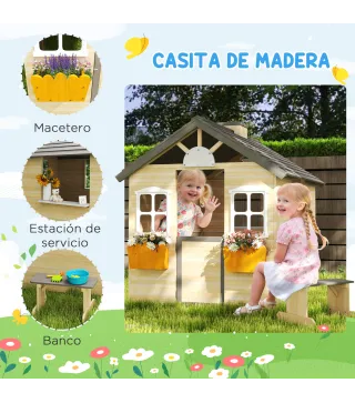 Casita Infantil de Juegos Exterior para Niños de 3 -7 Años con Ventanas 2 Jardineras y 1 Banco 113x94x134,5 cm Natural