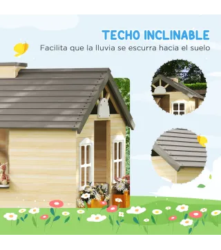 Casita Infantil de Juegos Exterior para Niños de 3 -7 Años con Ventanas 2 Jardineras y 1 Banco 113x94x134,5 cm Natural