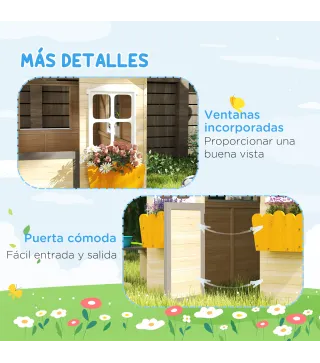 Casita Infantil de Juegos Exterior para Niños de 3 -7 Años con Ventanas 2 Jardineras y 1 Banco 113x94x134,5 cm Natural