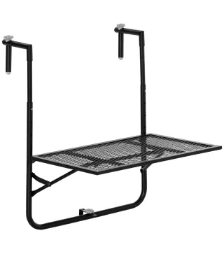 Mesa Colgante para Balcón Plegable de Metal con Altura Ajustable en 4 Niveles Carga 10 kg 60x60x57-72 cm Negro