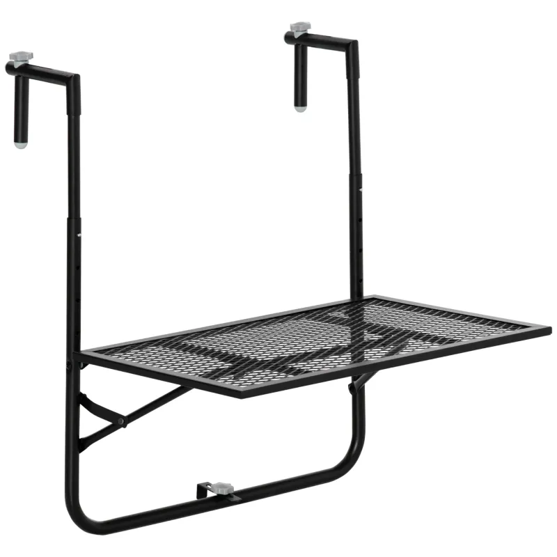 Mesa Colgante para Balcón Plegable de Metal con Altura Ajustable en 4 Niveles Carga 10 kg 60x60x57-72 cm Negro