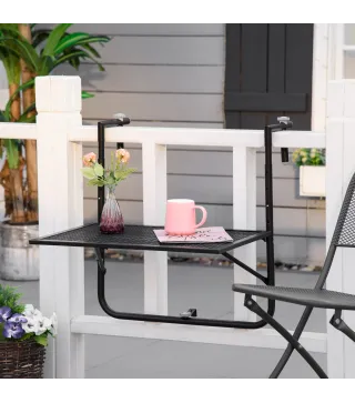 Mesa Colgante para Balcón Plegable de Metal con Altura Ajustable en 4 Niveles Carga 10 kg 60x60x57-72 cm Negro
