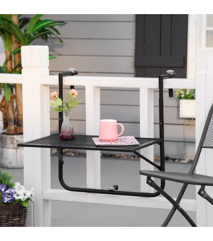 Mesa Colgante para Balcón Plegable de Metal con Altura Ajustable en 4 Niveles Carga 10 kg 60x60x57-72 cm Negro