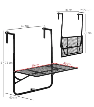 Mesa Colgante para Balcón Plegable de Metal con Altura Ajustable en 4 Niveles Carga 10 kg 60x60x57-72 cm Negro