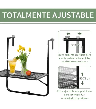 Mesa Colgante para Balcón Plegable de Metal con Altura Ajustable en 4 Niveles Carga 10 kg 60x60x57-72 cm Negro