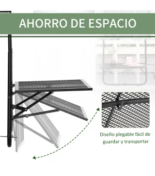 Mesa Colgante para Balcón Plegable de Metal con Altura Ajustable en 4 Niveles Carga 10 kg 60x60x57-72 cm Negro