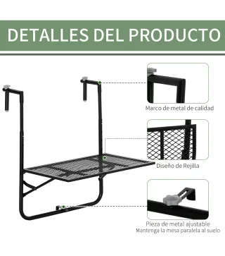 Mesa Colgante para Balcón Plegable de Metal con Altura Ajustable en 4 Niveles Carga 10 kg 60x60x57-72 cm Negro