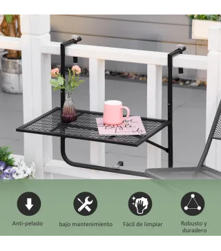 Mesa Colgante para Balcón Plegable de Metal con Altura Ajustable en 4 Niveles Carga 10 kg 60x60x57-72 cm Negro