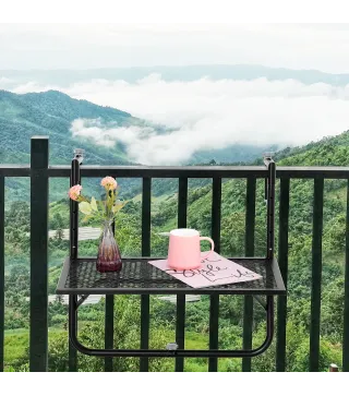 Mesa Colgante para Balcón Plegable de Metal con Altura Ajustable en 4 Niveles Carga 10 kg 60x60x57-72 cm Negro