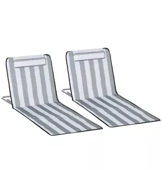 Conjunto de 2 Esterillas con Respaldo Reclinable Reposacabezas y Bolsa de Transporte 134x48x33-43 cm Blanco y Gris