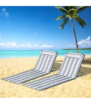 Conjunto de 2 Esterillas con Respaldo Reclinable Reposacabezas y Bolsa de Transporte 134x48x33-43 cm Blanco y Gris