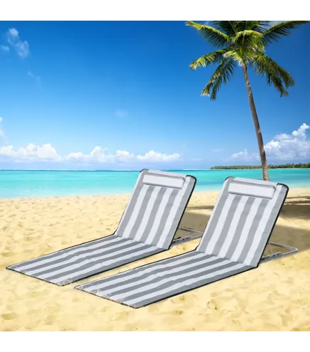 Conjunto de 2 Esterillas con Respaldo Reclinable Reposacabezas y Bolsa de Transporte 134x48x33-43 cm Blanco y Gris