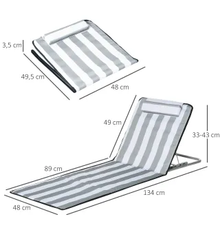 Conjunto de 2 Esterillas con Respaldo Reclinable Reposacabezas y Bolsa de Transporte 134x48x33-43 cm Blanco y Gris