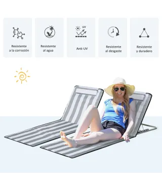 Conjunto de 2 Esterillas con Respaldo Reclinable Reposacabezas y Bolsa de Transporte 134x48x33-43 cm Blanco y Gris