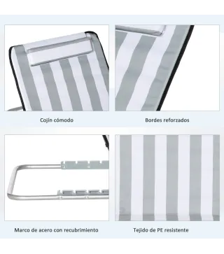 Conjunto de 2 Esterillas con Respaldo Reclinable Reposacabezas y Bolsa de Transporte 134x48x33-43 cm Blanco y Gris