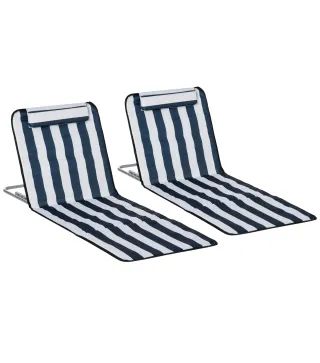 Conjunto de 2 Esterillas con Respaldo Reclinable Reposacabezas y Bolsa de Transporte 134x48x33-43 cm Blanco y Azul