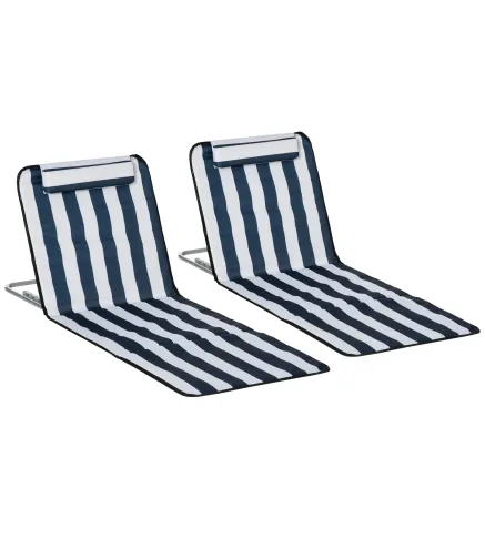 Conjunto de 2 Esterillas con Respaldo Reclinable Reposacabezas y Bolsa de Transporte 134x48x33-43 cm Blanco y Azul