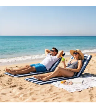 Conjunto de 2 Esterillas con Respaldo Reclinable Reposacabezas y Bolsa de Transporte 134x48x33-43 cm Blanco y Azul