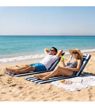 Conjunto de 2 Esterillas con Respaldo Reclinable Reposacabezas y Bolsa de Transporte 134x48x33-43 cm Blanco y Azul