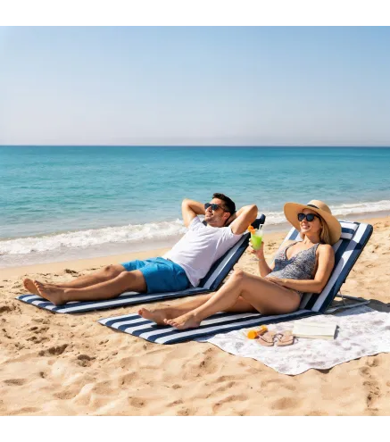 Conjunto de 2 Esterillas con Respaldo Reclinable Reposacabezas y Bolsa de Transporte 134x48x33-43 cm Blanco y Azul