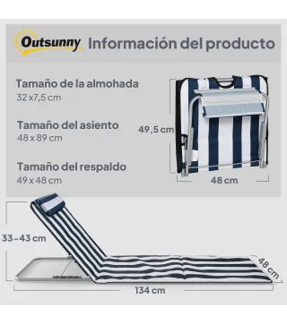 Conjunto de 2 Esterillas con Respaldo Reclinable Reposacabezas y Bolsa de Transporte 134x48x33-43 cm Blanco y Azul
