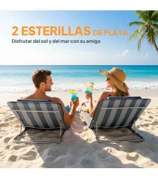 Conjunto de 2 Esterillas con Respaldo Reclinable Reposacabezas y Bolsa de Transporte 134x48x33-43 cm Blanco y Azul