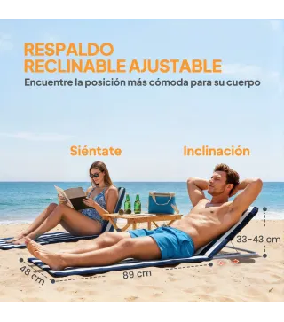 Conjunto de 2 Esterillas con Respaldo Reclinable Reposacabezas y Bolsa de Transporte 134x48x33-43 cm Blanco y Azul